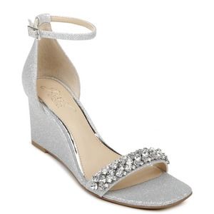 JEWEL BADGLEY MISCHKA Peggy Wedge Silver Glitter 10 NWOB